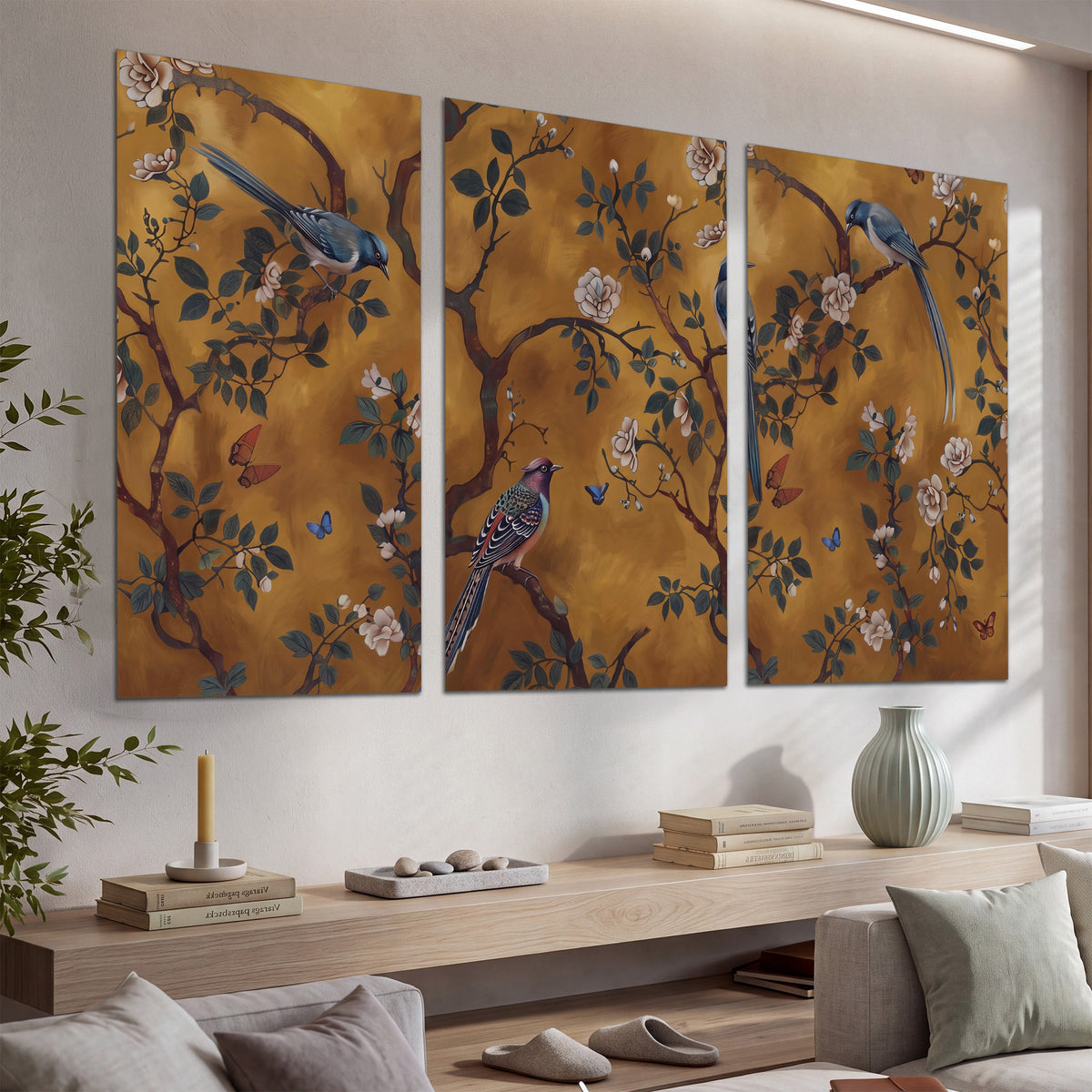 Colorful perched birds and pale blossoms on an ochre background set of 3 poster prints displayed in a console