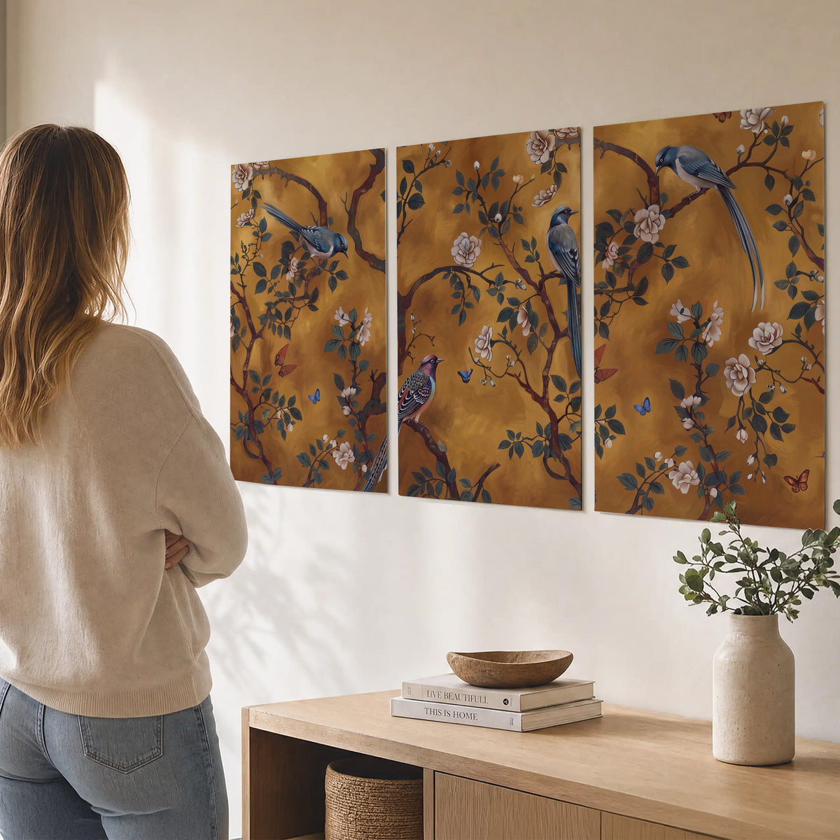 Colorful perched birds and pale blossoms on an ochre background set of 3 poster prints three panel arrangement on a wall