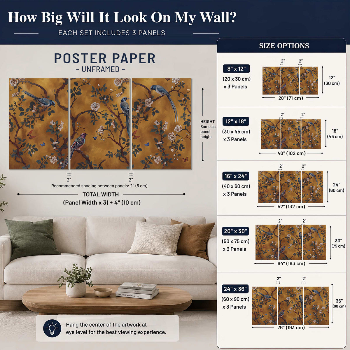 Colorful perched birds and pale blossoms on an ochre background set of 3 poster prints size guide above a sofa; room view is illustrative