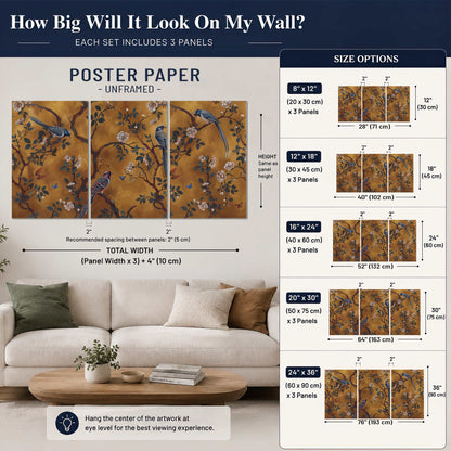 Colorful perched birds and pale blossoms on an ochre background set of 3 poster prints size guide above a sofa; room view is illustrative