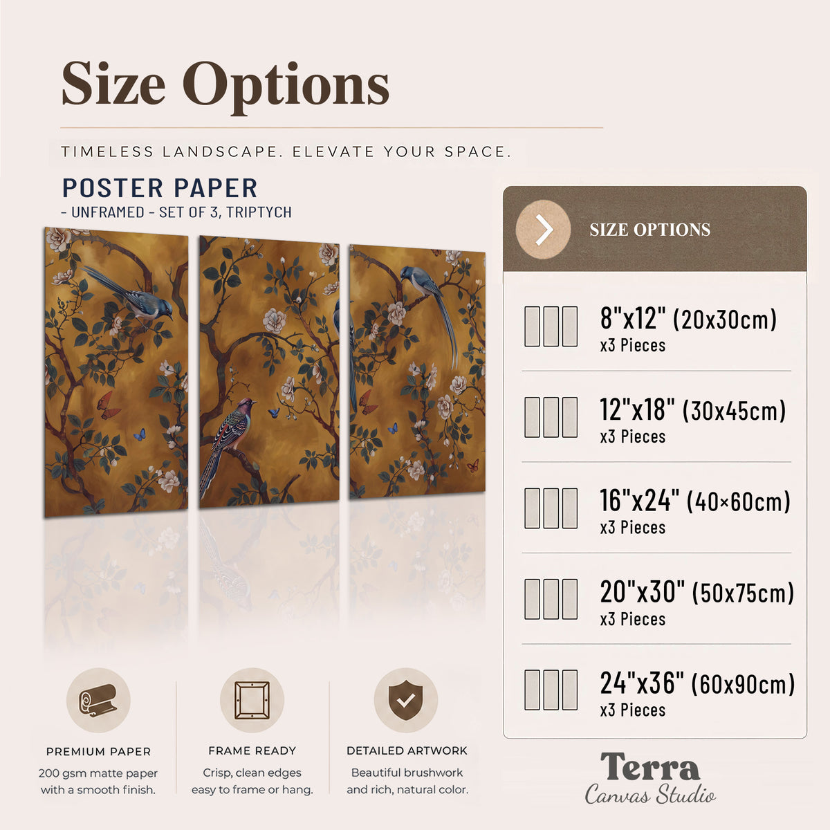 Colorful perched birds and pale blossoms on an ochre background set of 3 poster prints available dimensions; triptych dimensions are per panel