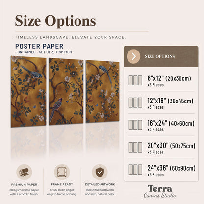 Colorful perched birds and pale blossoms on an ochre background set of 3 poster prints available dimensions; triptych dimensions are per panel