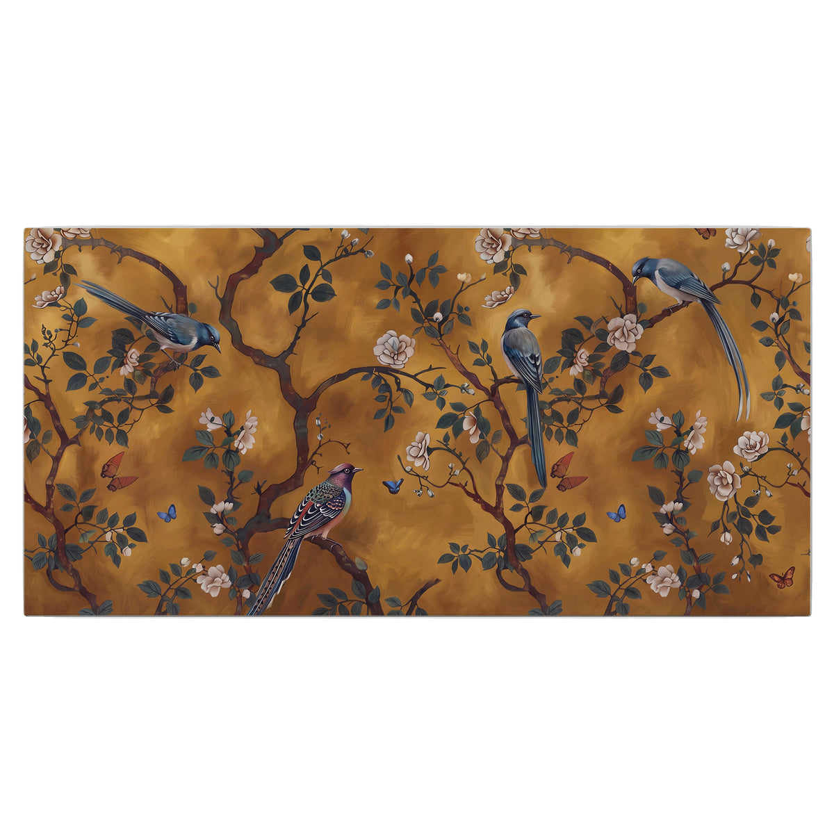Colorful perched birds and pale blossoms on an ochre background single canvas wall art viewed straight on