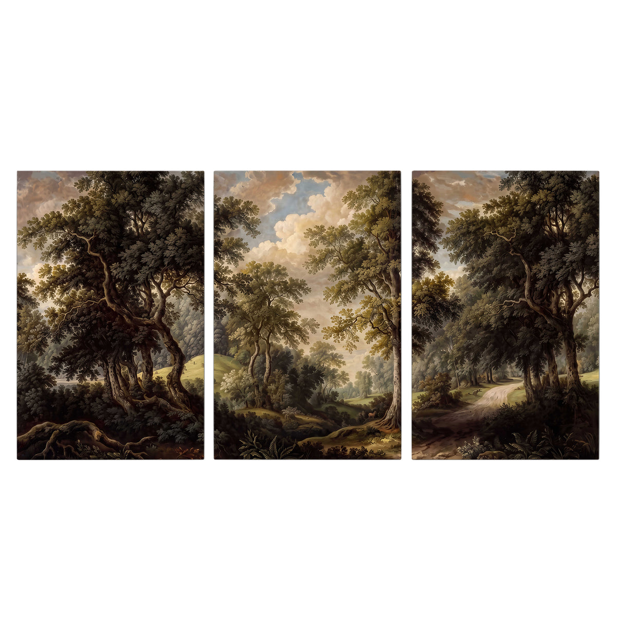 Old trees framing a softly lit woodland path 3 piece canvas wall art viewed straight on