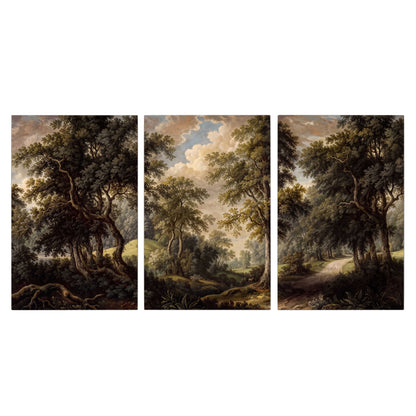 Old trees framing a softly lit woodland path 3 piece canvas wall art viewed straight on