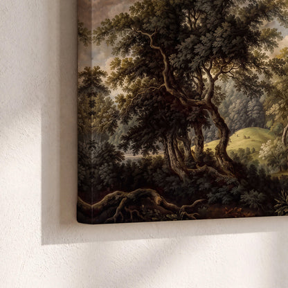 Old trees framing a softly lit woodland path 3 piece canvas wall art material and edge close up