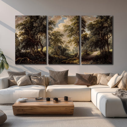 Old trees framing a softly lit woodland path 3 piece canvas wall art displayed in a living room