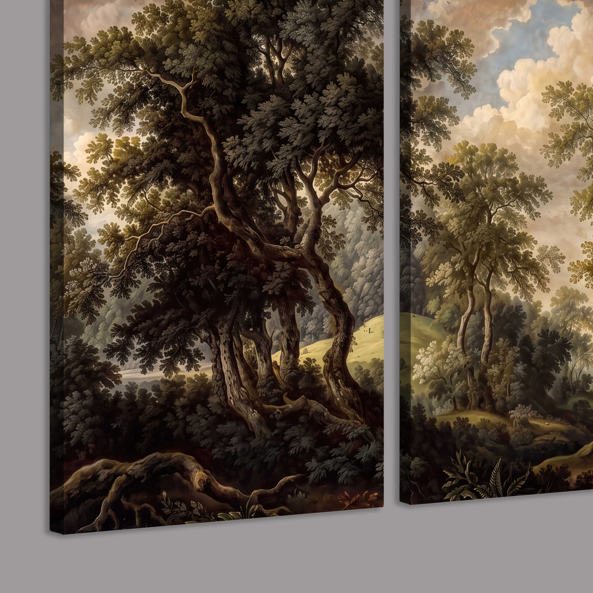 Old trees framing a softly lit woodland path 3 piece canvas wall art room and product view