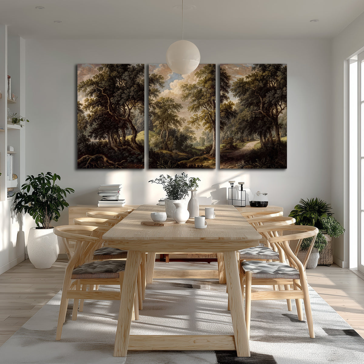 Old trees framing a softly lit woodland path 3 piece canvas wall art room and product view