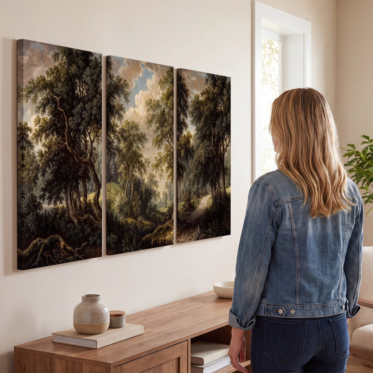Old trees framing a softly lit woodland path 3 piece canvas wall art three panel arrangement on a wall