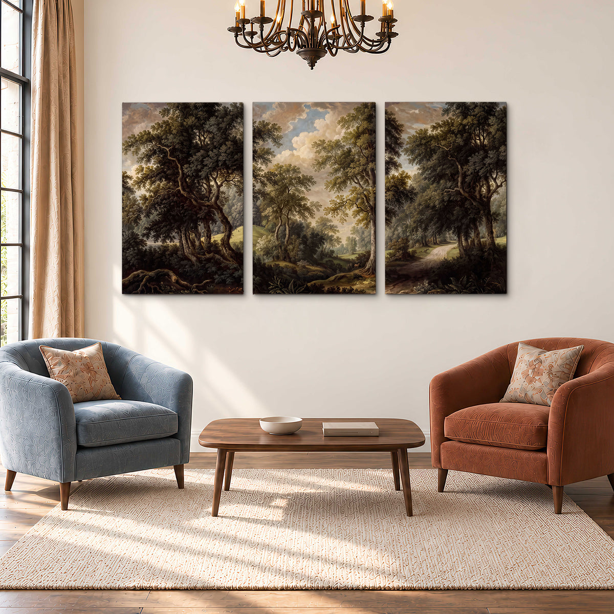 Old trees framing a softly lit woodland path 3 piece canvas wall art styled in an interior