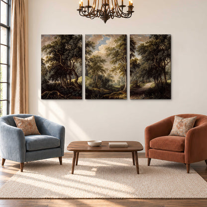 Old trees framing a softly lit woodland path 3 piece canvas wall art styled in an interior