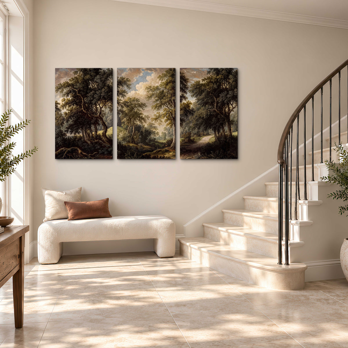 Old trees framing a softly lit woodland path 3 piece canvas wall art styled in an interior