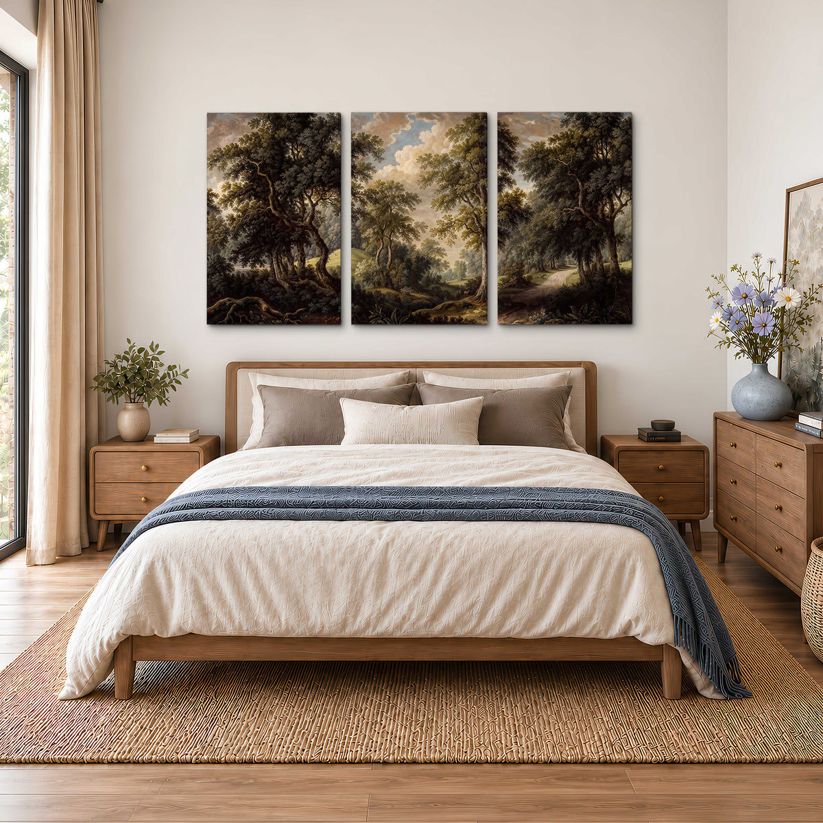 Old trees framing a softly lit woodland path 3 piece canvas wall art styled in an interior