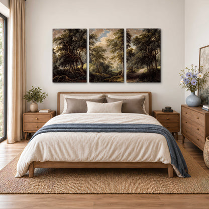 Old trees framing a softly lit woodland path 3 piece canvas wall art styled in an interior