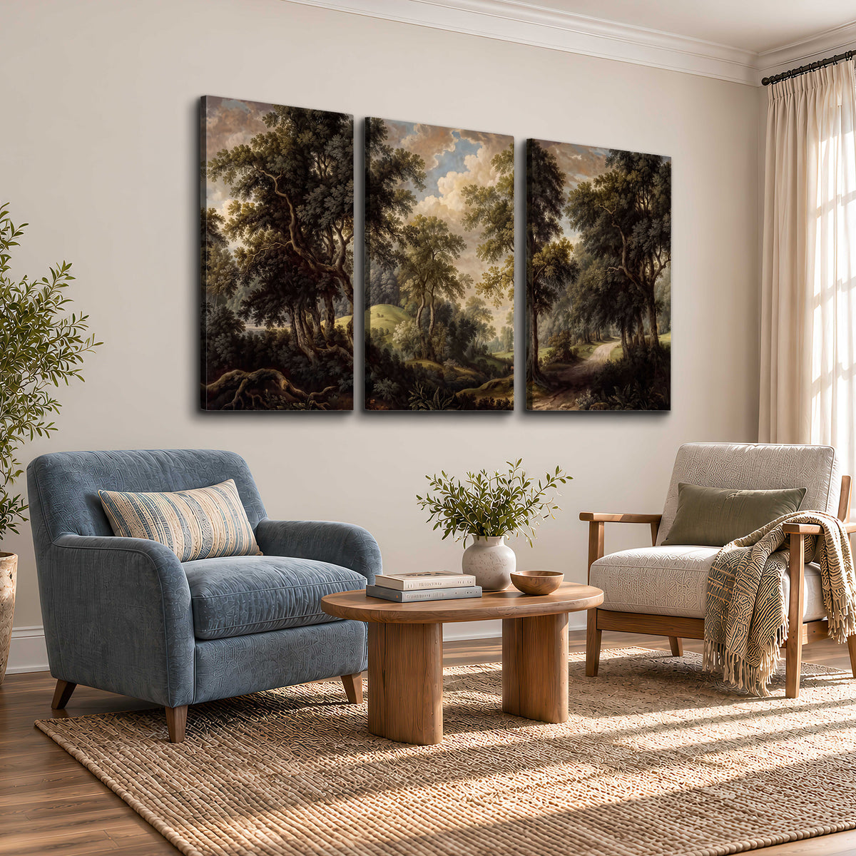 Old trees framing a softly lit woodland path 3 piece canvas wall art styled in an interior