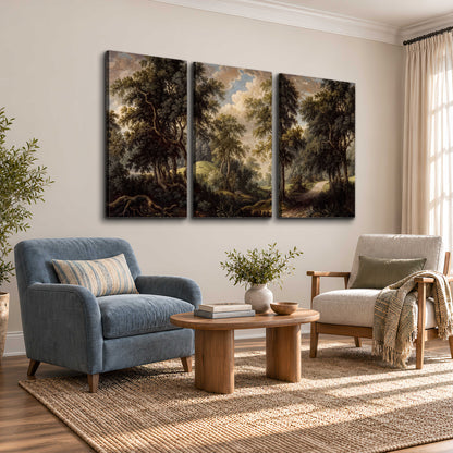 Old trees framing a softly lit woodland path 3 piece canvas wall art styled in an interior