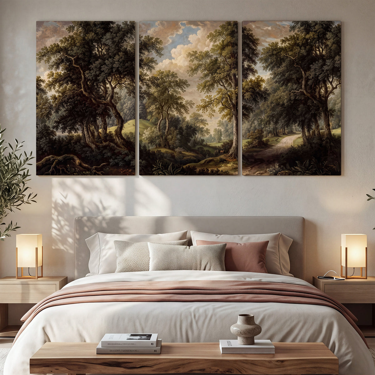 Old trees framing a softly lit woodland path 3 piece canvas wall art displayed in a bedroom