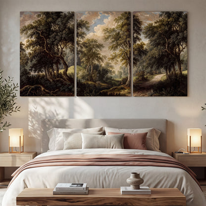 Old trees framing a softly lit woodland path 3 piece canvas wall art displayed in a bedroom