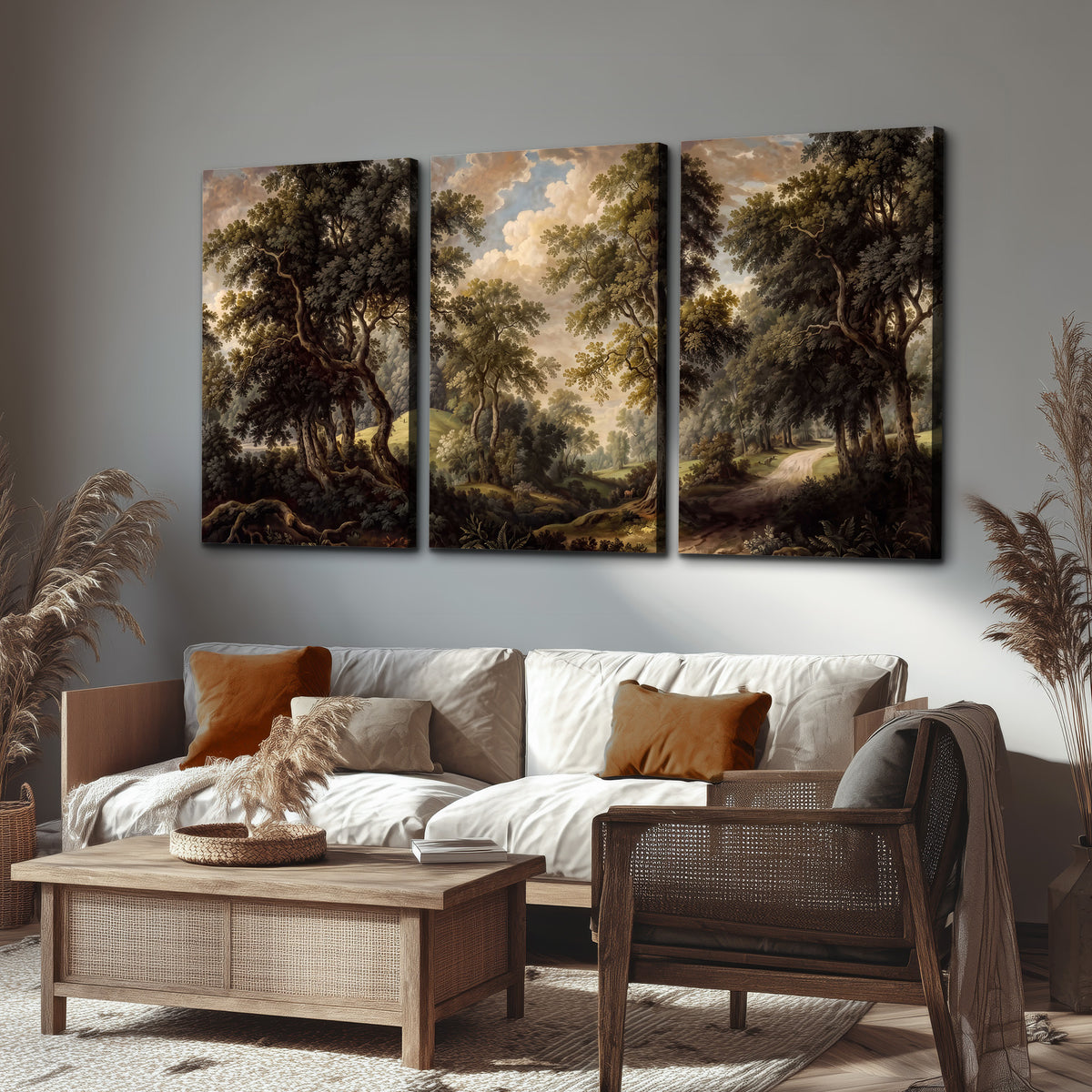 Old trees framing a softly lit woodland path 3 piece canvas wall art displayed in a rustic living room