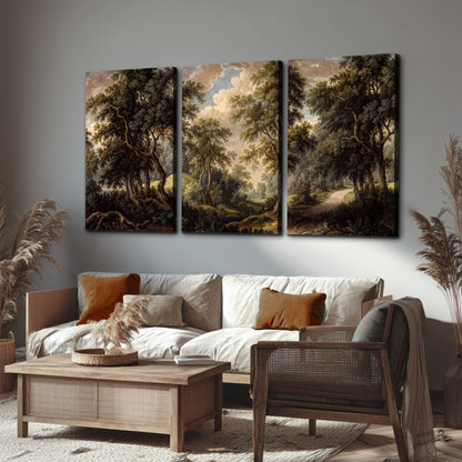 Old trees framing a softly lit woodland path 3 piece canvas wall art displayed in a rustic living room