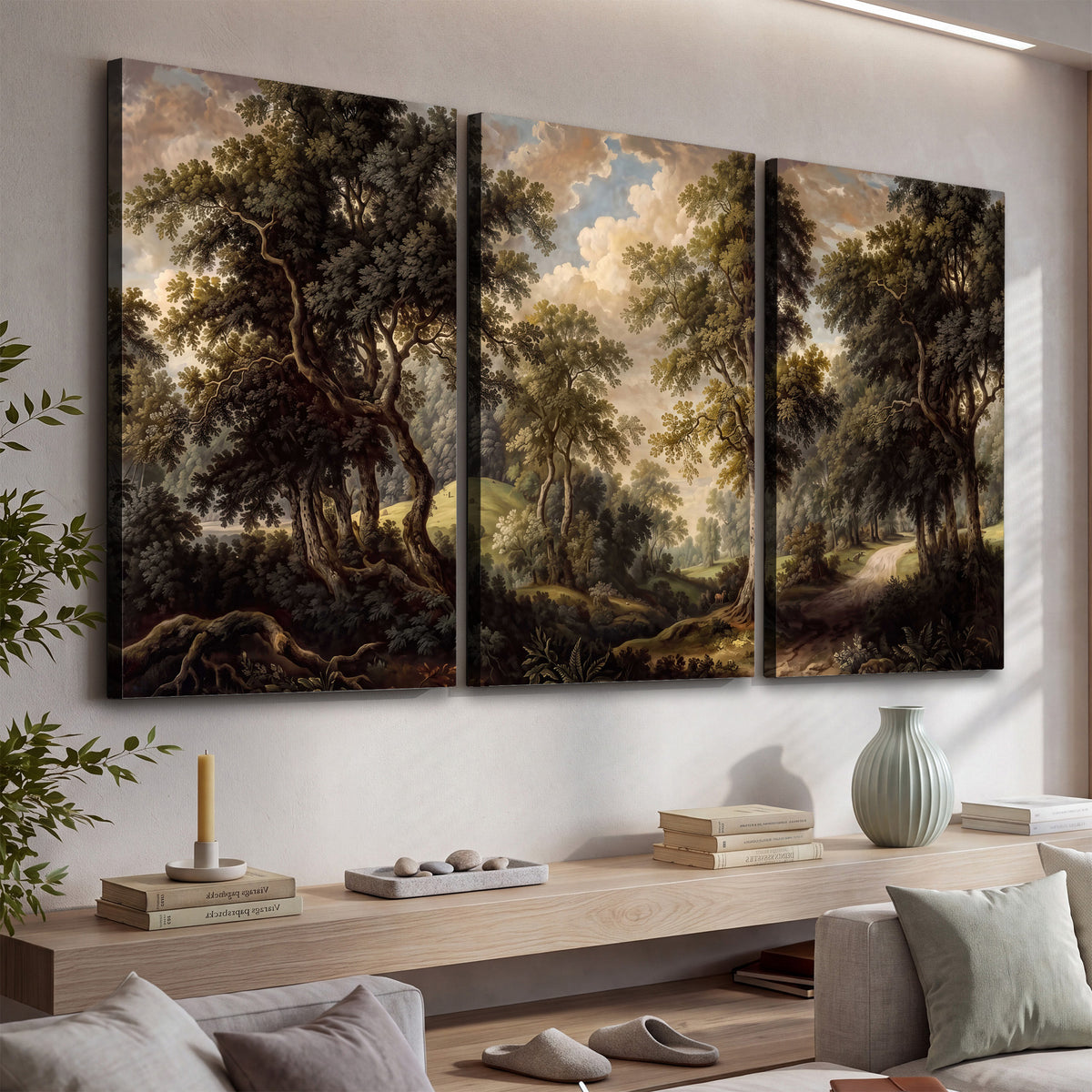 Old trees framing a softly lit woodland path 3 piece canvas wall art displayed in a console
