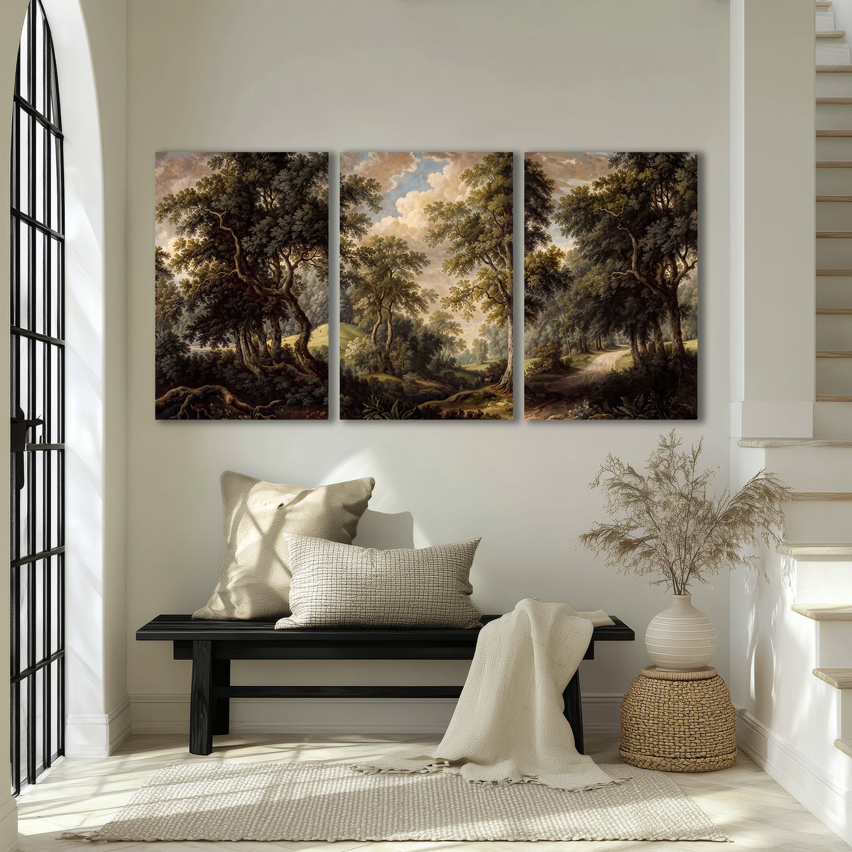 Old trees framing a softly lit woodland path 3 piece canvas wall art displayed in a entryway