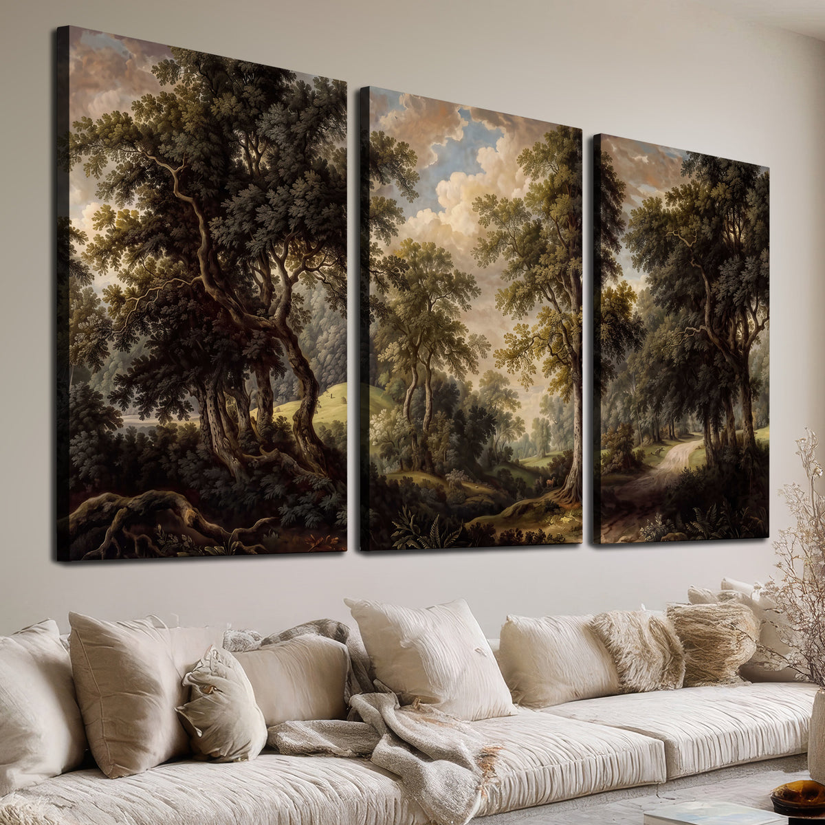 Old trees framing a softly lit woodland path 3 piece canvas wall art room and product view