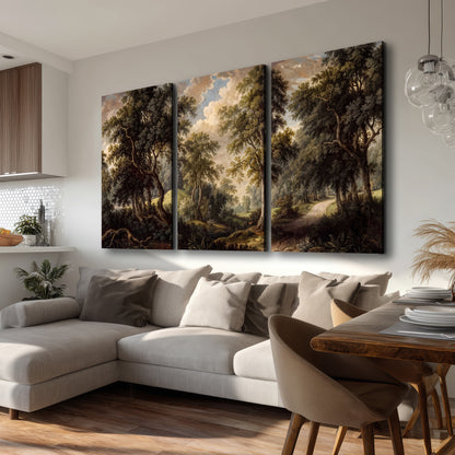 Old trees framing a softly lit woodland path 3 piece canvas wall art room and product view