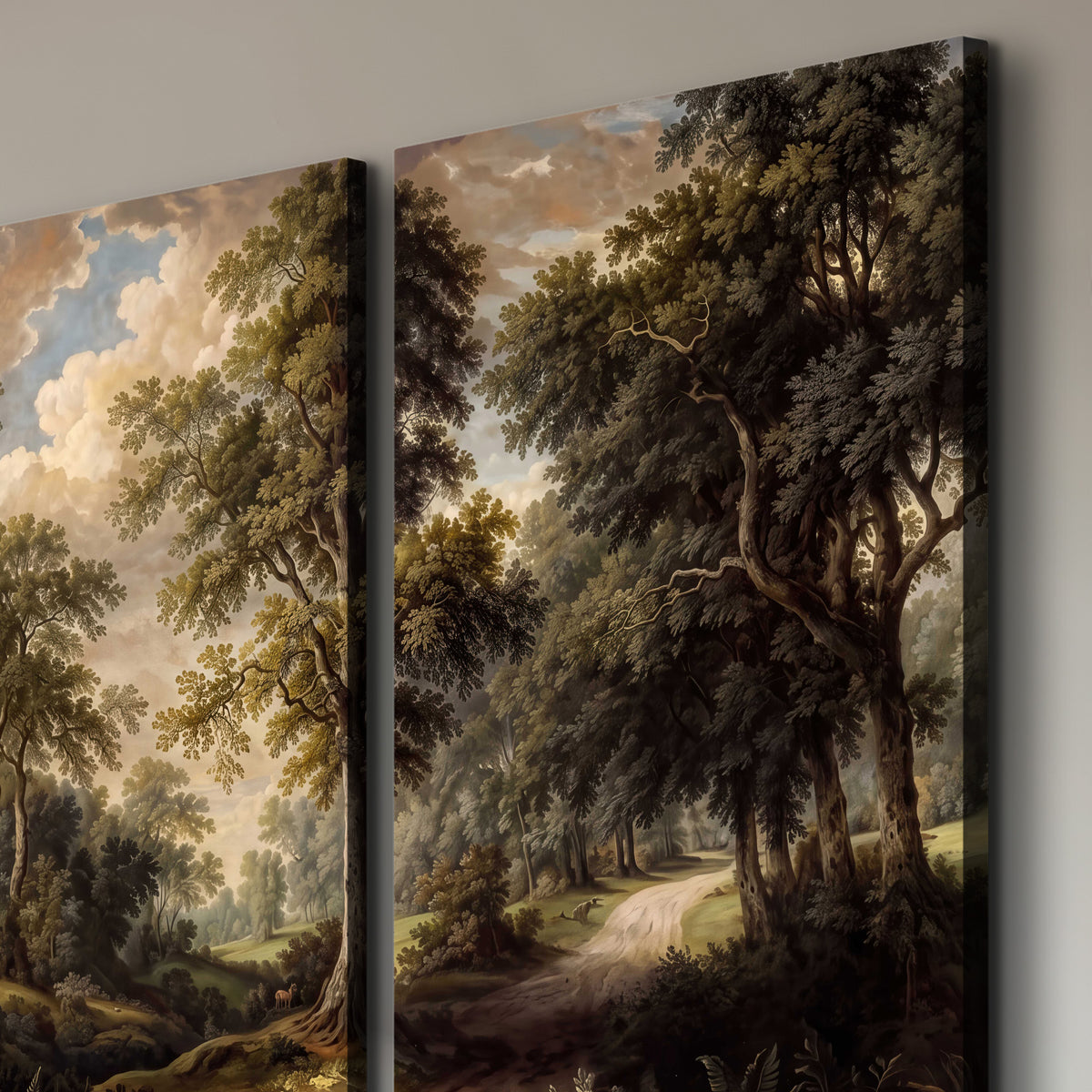 Old trees framing a softly lit woodland path 3 piece canvas wall art room and product view