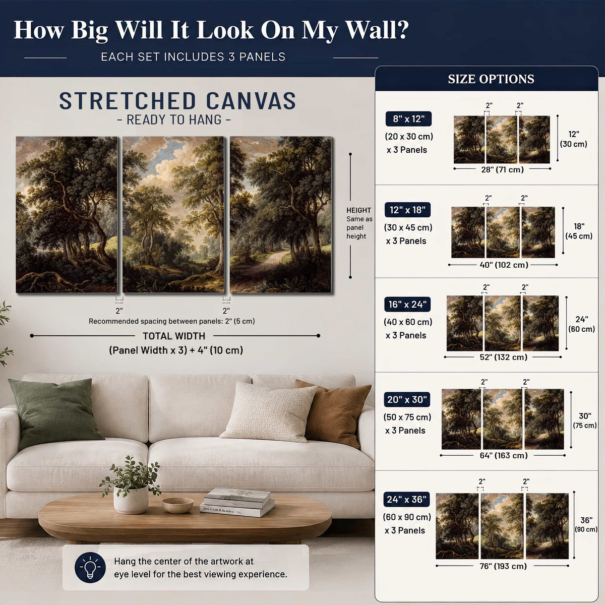 Old trees framing a softly lit woodland path 3 piece canvas wall art size guide above a sofa; room view is illustrative