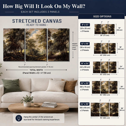 Old trees framing a softly lit woodland path 3 piece canvas wall art size guide above a sofa; room view is illustrative
