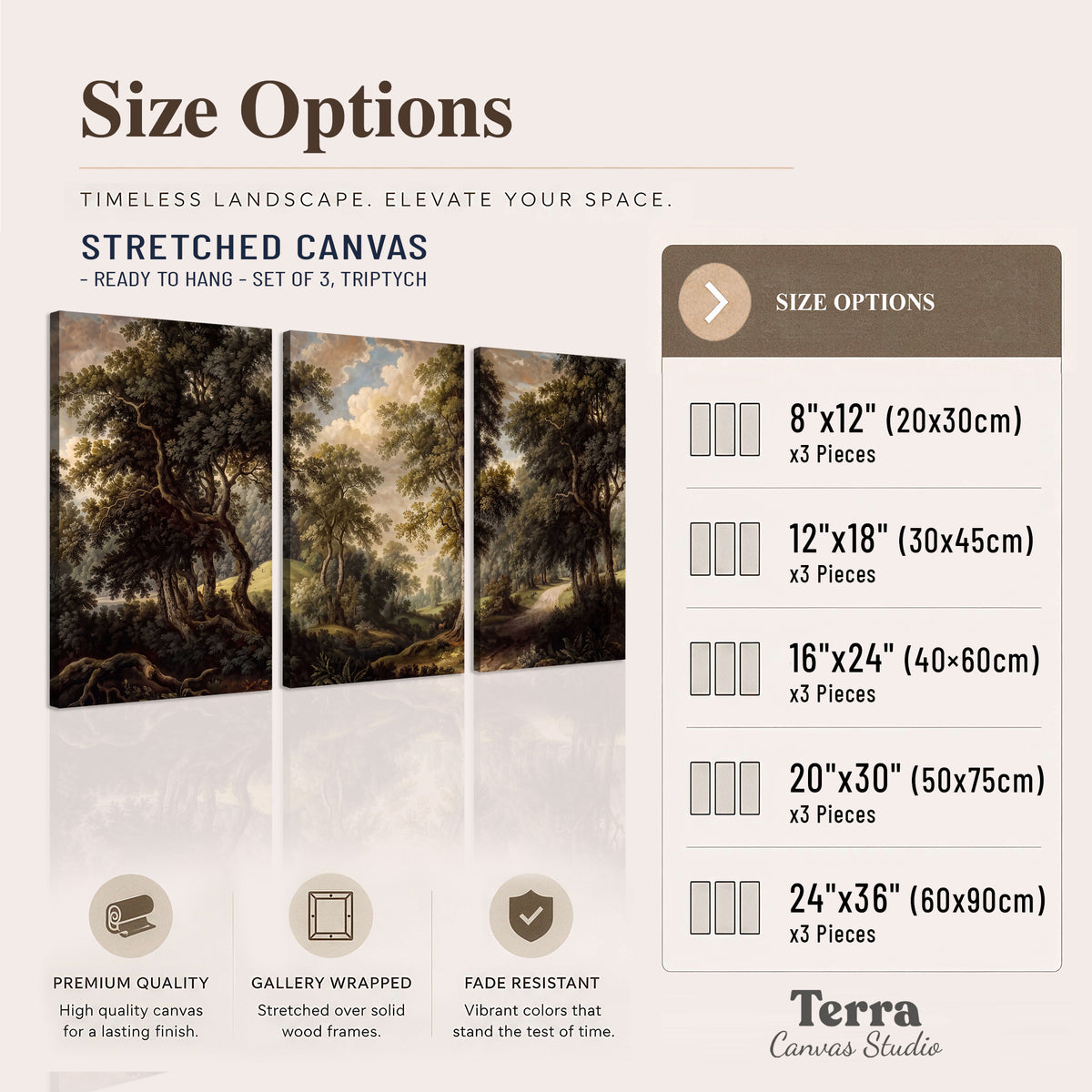 Old trees framing a softly lit woodland path 3 piece canvas wall art available dimensions; triptych dimensions are per panel