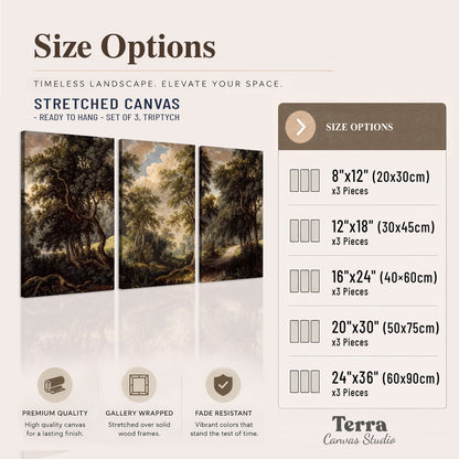 Old trees framing a softly lit woodland path 3 piece canvas wall art available dimensions; triptych dimensions are per panel
