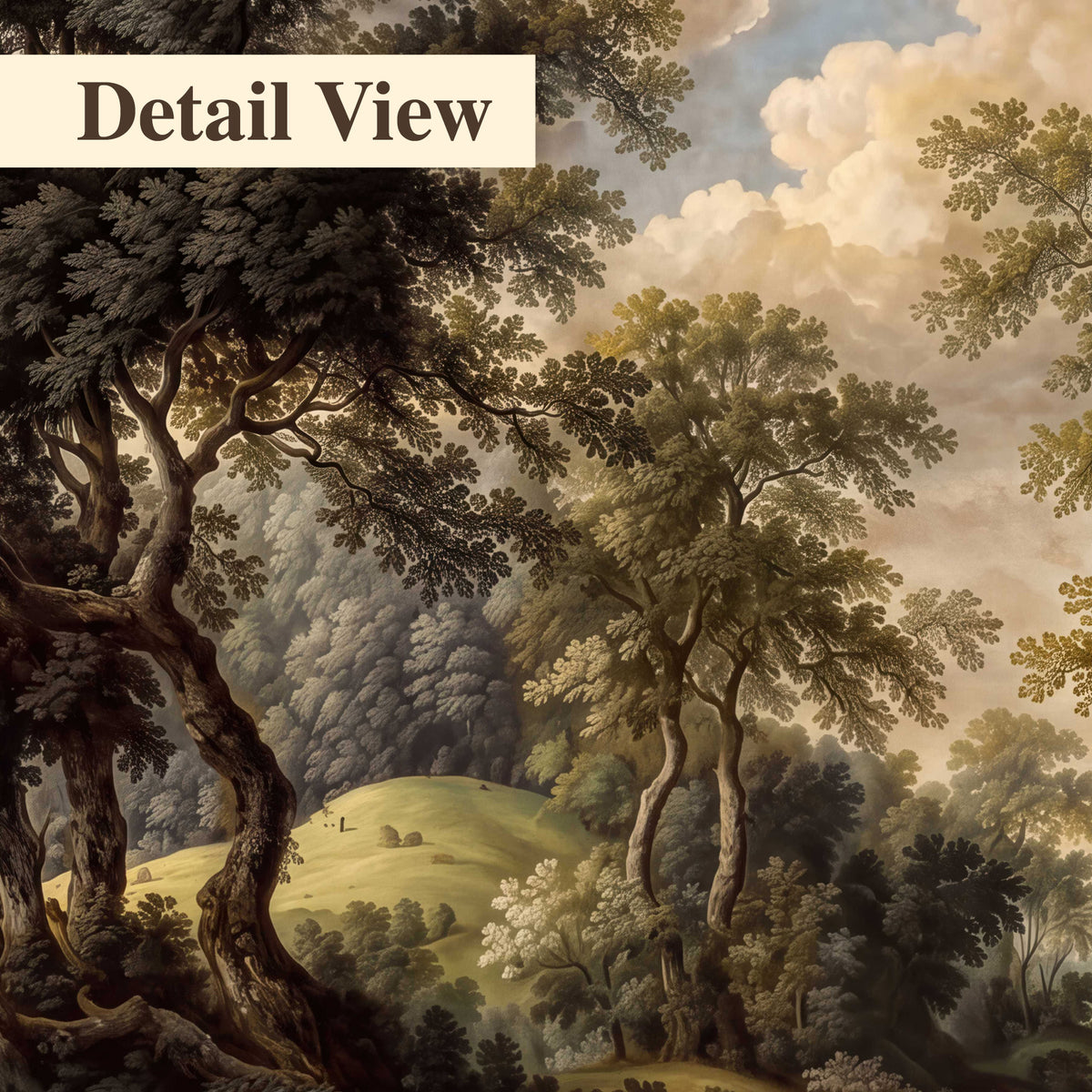 Old trees framing a softly lit woodland path 3 piece canvas wall art artwork detail close up