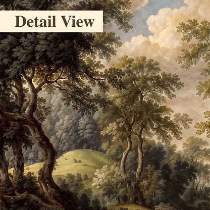 Old trees framing a softly lit woodland path 3 piece canvas wall art artwork detail close up