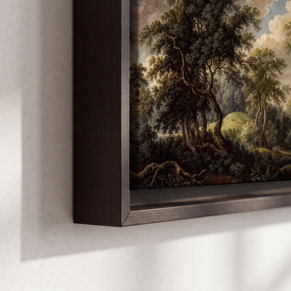 Old trees framing a softly lit woodland path 3 piece framed canvas wall art material and edge close up
