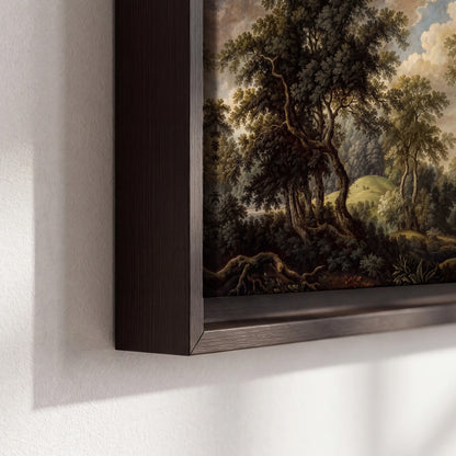 Old trees framing a softly lit woodland path 3 piece framed canvas wall art material and edge close up