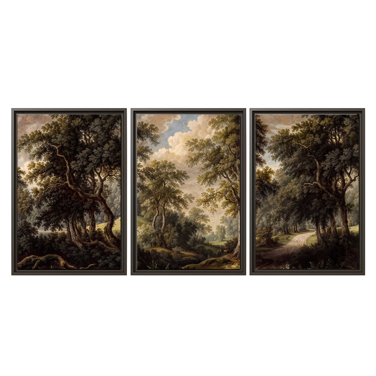 Old trees framing a softly lit woodland path 3 piece framed canvas wall art viewed straight on