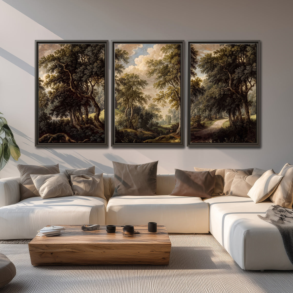 Old trees framing a softly lit woodland path 3 piece framed canvas wall art displayed in a living room