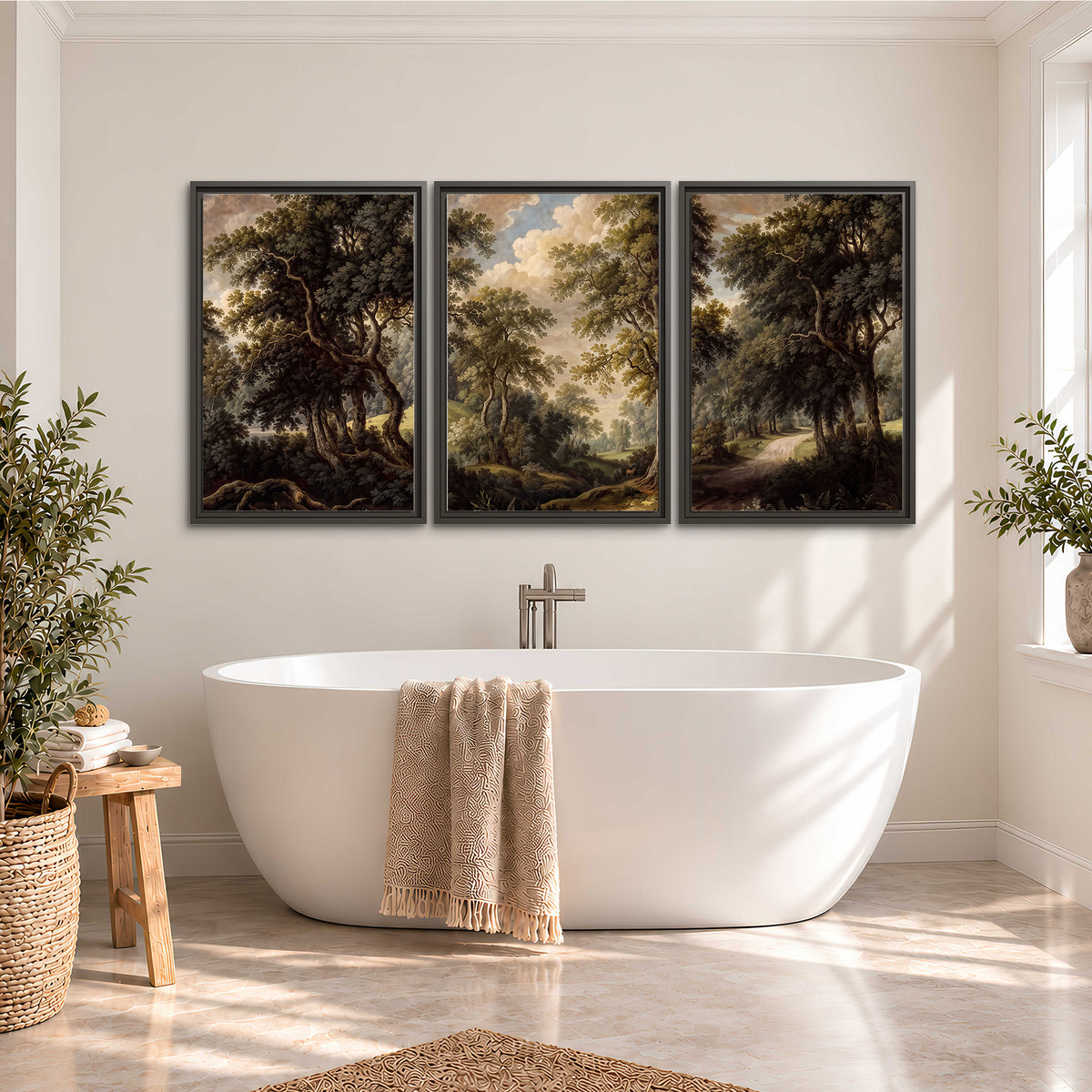 Old trees framing a softly lit woodland path 3 piece framed canvas wall art styled in an interior
