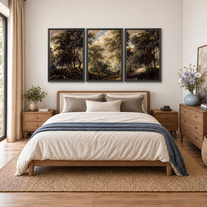 Old trees framing a softly lit woodland path 3 piece framed canvas wall art styled in an interior
