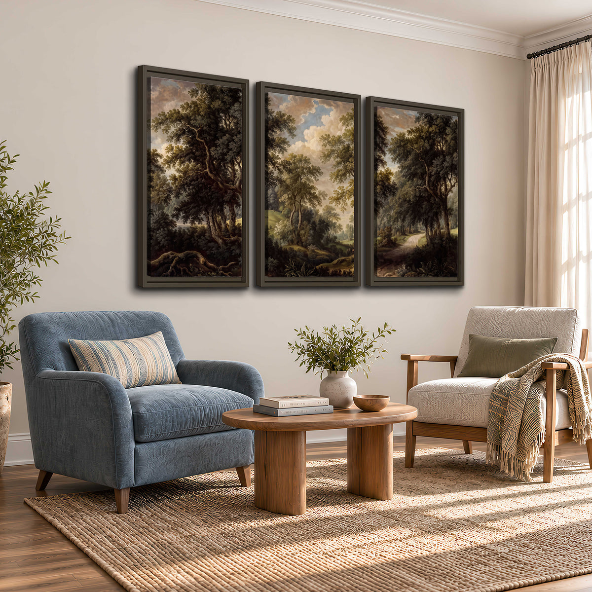 Old trees framing a softly lit woodland path 3 piece framed canvas wall art styled in an interior