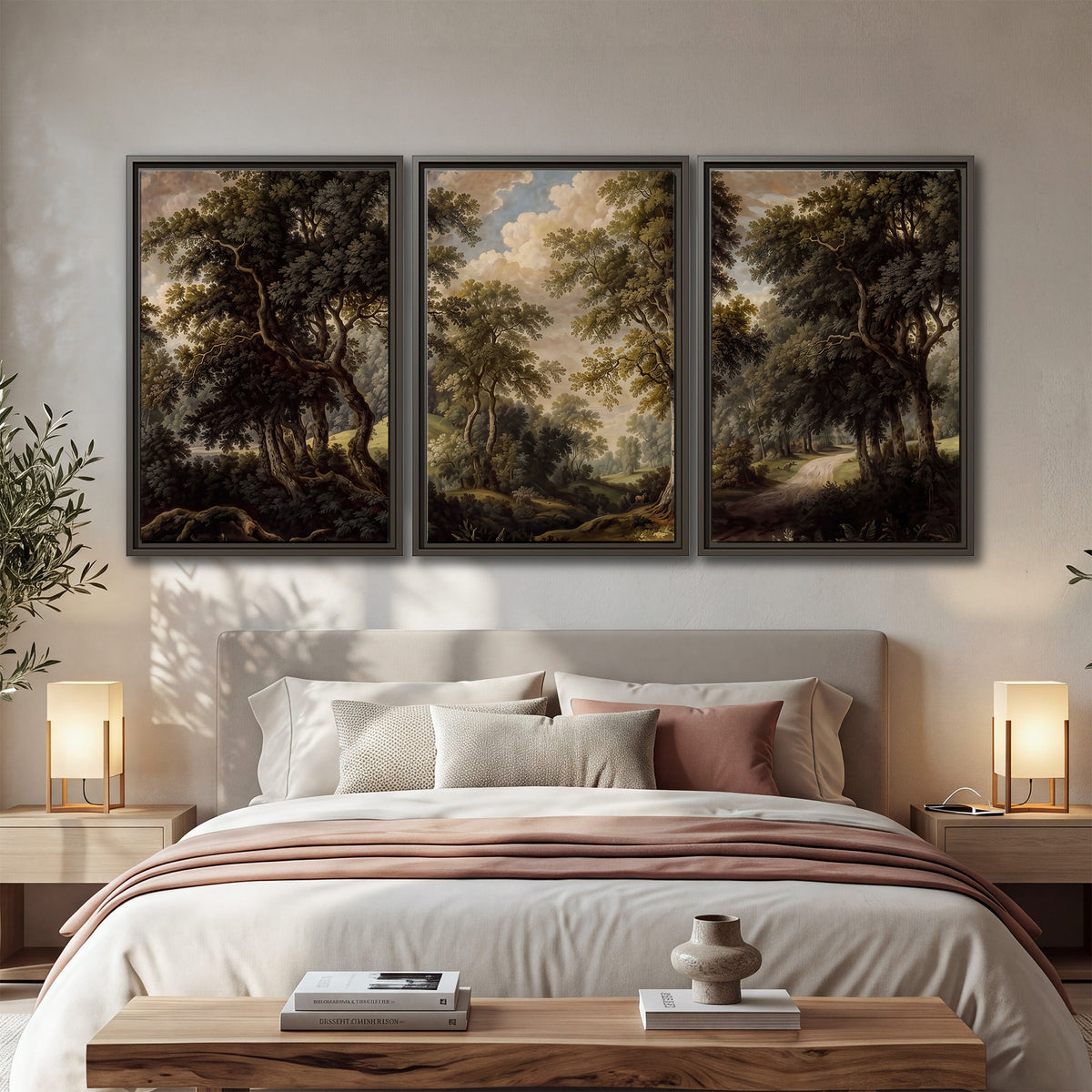 Old trees framing a softly lit woodland path 3 piece framed canvas wall art displayed in a bedroom