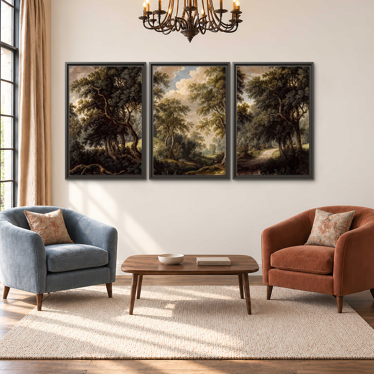 Old trees framing a softly lit woodland path 3 piece framed canvas wall art styled in an interior