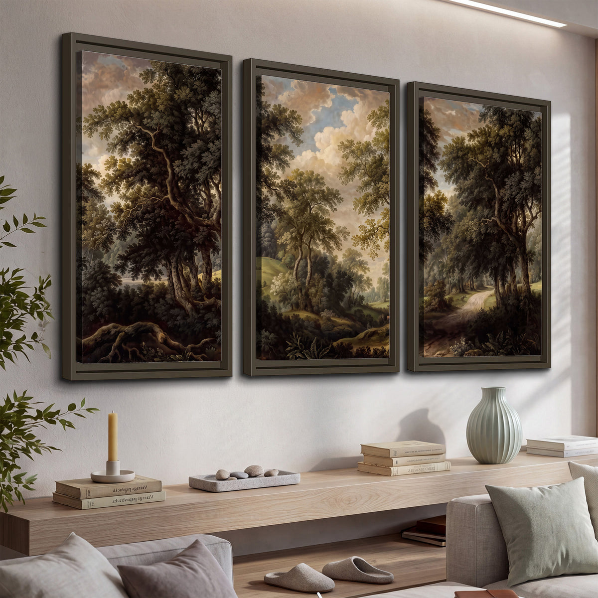 Old trees framing a softly lit woodland path 3 piece framed canvas wall art displayed in a console