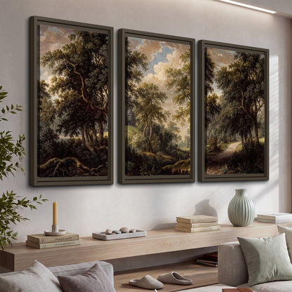 Old trees framing a softly lit woodland path 3 piece framed canvas wall art displayed in a console