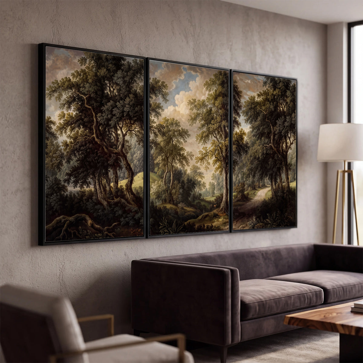 Old trees framing a softly lit woodland path 3 piece framed canvas wall art displayed in a modern living room