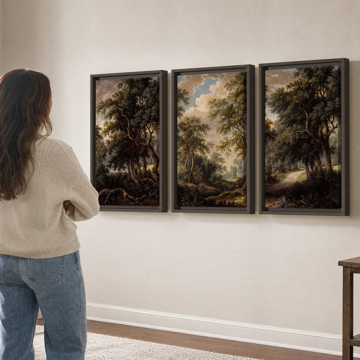 Old trees framing a softly lit woodland path 3 piece framed canvas wall art three panel arrangement on a wall