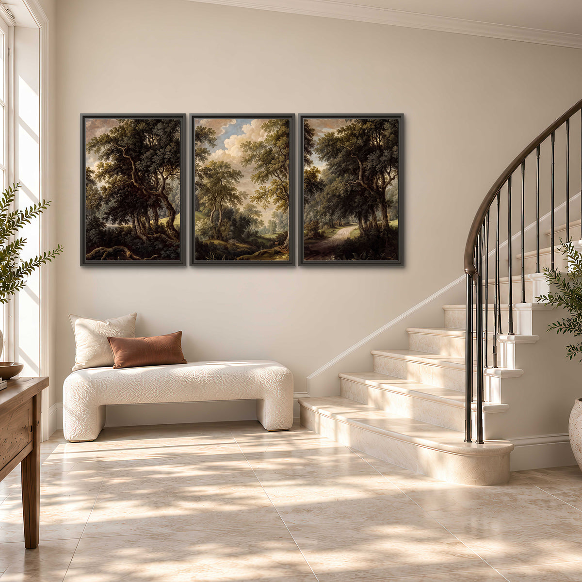 Old trees framing a softly lit woodland path 3 piece framed canvas wall art styled in an interior